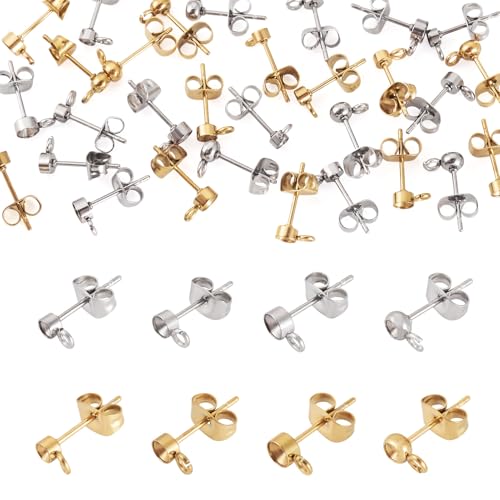 FASHEWELRY 32 Stück Edelstahl-Ohrringpfosten, flach, rund, Ohrstecker, Ohrring-Set mit Schlaufen, Ohrmuttern, Ohrring-Verschlüssen für Schmuckherstellung von FASHEWELRY