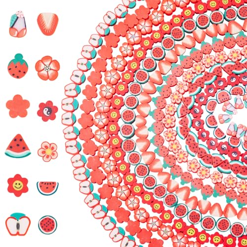 FASHEWELRY 430 Stück 12 Stile Obstblumen Ton Perlen Set Rote Wassermelone Erdbeere Kirsche Form handgefertigte Polymer-Ton-Perlen für DIY Armband Halskette Schmuckherstellung von FASHEWELRY