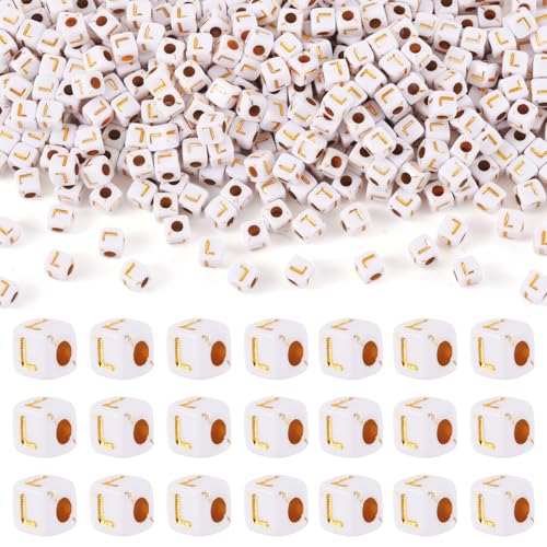 FASHEWELRY 500 Stück weiß-goldene Buchstabenperlen, 4,5 mm, quadratisch, Acryl, Buchstabe L, Perlen für Freundschaftsarmband, Halskette, Schlüsselanhänger, Schmuckherstellung von FASHEWELRY
