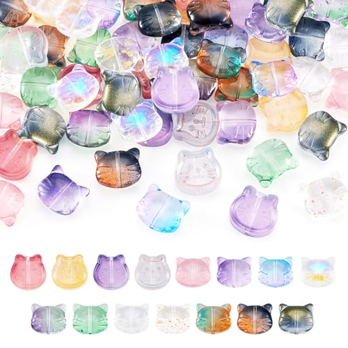 FASHEWELRY 60 Stück Kristall-Katzen-Glasperlen, niedlicher Katzenkopf, Lampwork, Tier, Kätzchen, lose Perlen für Bastelarbeiten, Schmuck, Halsketten, Ohrringe, Armbänder von FASHEWELRY