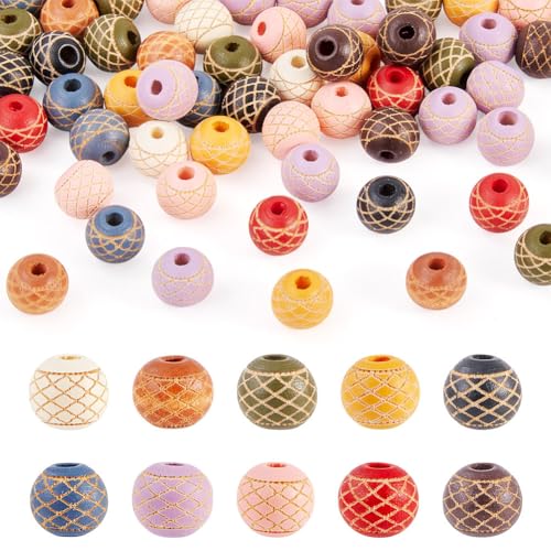 FASHEWELRY 60 Stück runde Holzperlen, 10 mm, verschiedene Kugeln, Holzperlen mit Netzmuster, bunte lose Abstandshalter, Boho-Perlen für Armbänder, DIY, Handwerk, Schmuckherstellung, Loch: 3 mm von FASHEWELRY