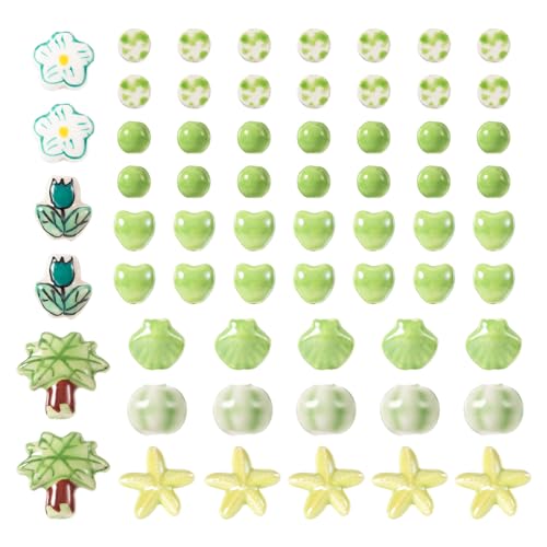 FASHEWELRY 66 Stück grüne Porzellan-Perlen, niedliche Blumenblätter, Herz, Seestern, Keramikperlen, Cartoon-Druck, lose Abstandshalter, Perlen für DIY-Sommer-Armbänder, Halsketten, Schmuckherstellung von FASHEWELRY