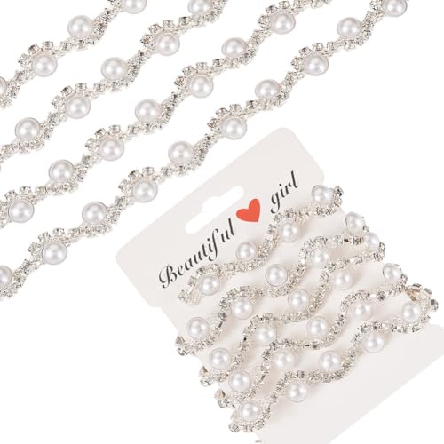 FASHEWELRY 91 cm flache Kristall-Strass-Cup-Ketten, Besatz mit halbrunden weißen Kunststoff-Imitationsperlen Strass-Applikation Perlenbesatz zum Nähen von Verzierungen, Basteln, Hochzeit von FASHEWELRY