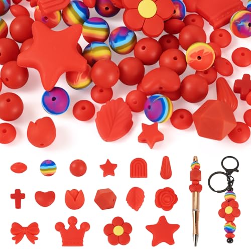 FASHEWELRY 92 Silikon-Fokal-Perlen für Schlüsselanhänger, rote Gummiperlen, gemischte Formen, Perlenstifte, Perlen für Schmuckherstellung, Armband, Halskette, handgefertigtes Handwerk von FASHEWELRY