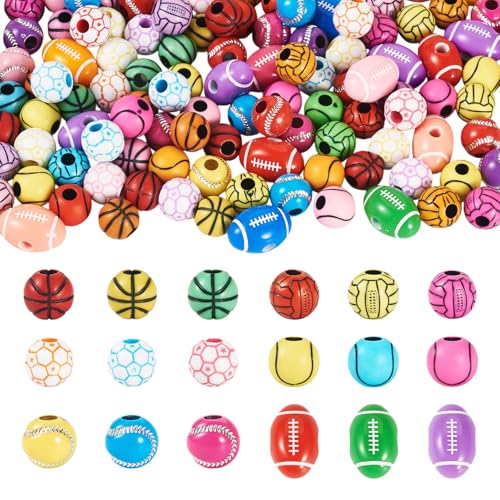 FASHEWELRY Acryl-Sportperlen, 12 mm, farbig, für Baseball, Fußball, Basketball, Volleyball, Tennis, niedliche Kugelperlen für DIY-Armbänder, Halsketten, 120 Stück von FASHEWELRY