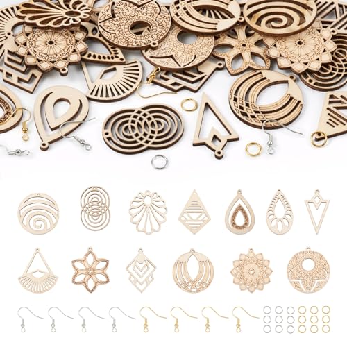 FASHEWELRY Das hohle Holzohrring-Set enthält 26 Stück tropfenförmige Drachenblumen-Holzanhänger, Geometrie-Anhänger mit 60 Biegeringe und 60 Ohrringhaken FASHEWELRY Das hohle Holzohrring-Set enthält 26 Stück tropfenförmige Drachenblumen-Holzanhänger, Geometrie-Anhänger mit 60 Biegeringe und 60 Ohrringhaken von FASHEWELRY