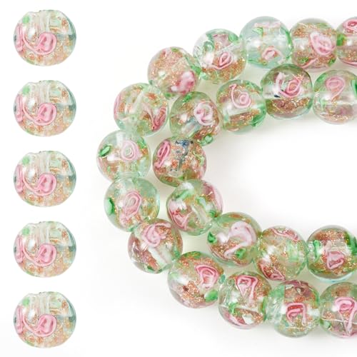 FASHEWELRY Glasperlen mit goldfarbenem Sand, 10 mm, rund, mit Blumenmuster, lose Abstandshalter für selbstgemachte Armbänder, Ohrringe, Halsketten, Schmuckherstellung, Dunkelmeergrün, 40 Stück von FASHEWELRY