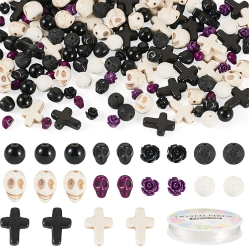 FASHEWELRY Halloween-Armbandherstellungs-Set – 150 Stück türkisfarbene Kreuz-Totenkopf-Perlen, rund, Lavastein, Kristall, Chakra, Edelsteinperlen, Kristallfaden für ätherische Öle, Diffusor, Mala von FASHEWELRY