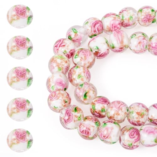 FASHEWELRY Handgefertigte Glasperlen mit Goldsand, 10 mm, klare Kristall-Perlen mit Blumenmuster, für DIY-Armbänder, Ohrringe, Halsketten, Schmuckherstellung, 40 Stück von FASHEWELRY