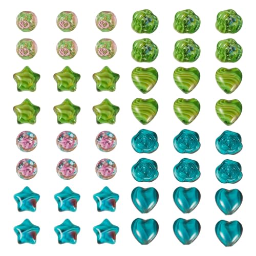 FASHEWELRY Millefiori-Glasperlen, gemischte Sterne, Herz, runde Blumen-Perlen, lose Abstandshalter für Schmuckherstellung, Zubehör, Armbänder, Halsketten, Ohrringe, DIY, Basteln, grünes Thema, 80 von FASHEWELRY