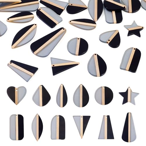 FASHEWELRY Ohrring-Anhänger aus Kunstharz, zweifarbig, Herzform, Dreieck, rechteckig, Stern, Tropfenform, flach, rund, Walnussholz, Ohrring-Anhänger für DIY-Schmuckherstellung, 24 Stück von FASHEWELRY