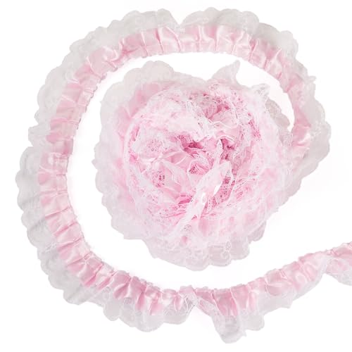 FASHEWELRY Rüschen-Spitzenborte, 2-lagig, Satin-Organza-Spitzenborte, 4,7 cm, plissiertes Rüschenband, Einfassung, Stoff für Applikationen, Nähen, Hochzeitsverzierung, DIY-Dekoration, Perlrosa von FASHEWELRY