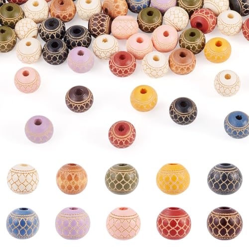 FASHEWELRY Runde Holzperlen, 60 Stück, 10 mm, große bunte Kugeln, Holzperlen mit Netzmuster, lose Abstandshalter, Boho-Perlen für Armbänder, DIY, Handwerk, Schmuckherstellung, Loch: 3 mm von FASHEWELRY