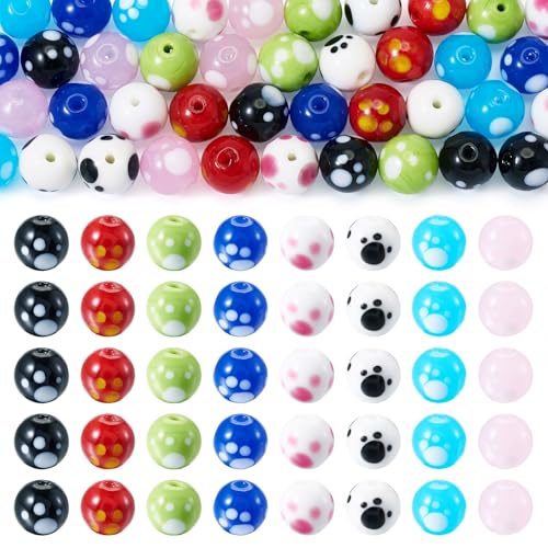 FASHEWELRY Runde Kristallperlen mit Hundepfotenabdruck, 12 mm, 8 Farben, Tier-Fußabdruck-Muster, handgefertigt, Lampwork-Glaskugeln für DIY-Armbänder, Ohrringe, 40 Stück von FASHEWELRY