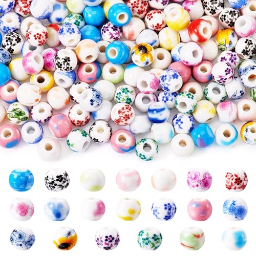 FASHEWELRY Runde Porzellanperlen, 8–10,5 mm, bunte Blumendruck, Keramikperlen für DIY-Schmuckherstellung, Armband, Halskette, Perlenzubehör, 160 Stück von FASHEWELRY