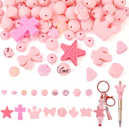 FASHEWELRY Silikonperlen für Stifte, Rosa, Gummi-Armbandherstellung, Set, sortiert, Herz, Stern, Kreuz, Blume, runde Abstandshalter, Silikonperlen für Schlüsselanhänger, Armbänder, Basteln von FASHEWELRY