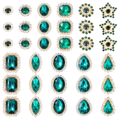 FASHEWELRY Strasssteine zum Aufnähen, gemischte Formen, große Strasssteine, flache Rückseite, zum Aufnähen auf Kristall-Edelsteine mit Metallbasis, für selbstgemachte Kostüme, Verzierungen, Grün, 100 von FASHEWELRY