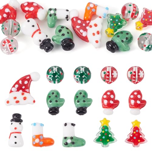 FASHEWELRY Weihnachtliche Lampwork-Perlen, handgefertigt, Cartoon-Baum, Schneemann, Handschuhe, Glas, lose Perlen für Schmuckherstellung, Weihnachtsdekoration, 14 Stück von FASHEWELRY