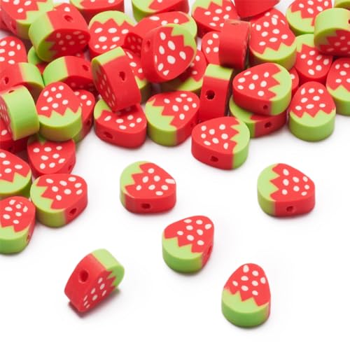 Fashewelry 50 Stück handgefertigte Perlen aus Polymer-Ton, Erdbeerperlen, rot, schöne Früchte, lose Abstandshalter, Perlen für DIY-Schmuckherstellung, Loch: 1,6 mm von FASHEWELRY