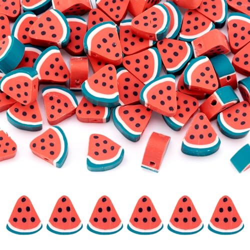 Fashewelry 50 Stück handgefertigte Perlen aus Polymer-Ton, Wassermelonen-Perlen, rot, schöne Früchte, lose Abstandsperlen, 9,5 ~ 10,5 mm, für DIY-Schmuckherstellung, Loch: 1,8 mm von FASHEWELRY