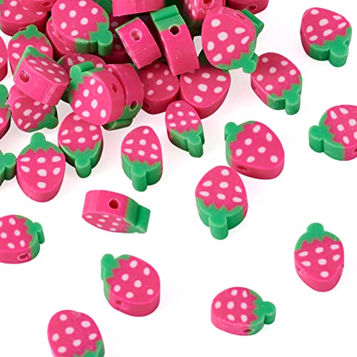 Fashewelry 50 Stück handgefertigte Polymer-Ton, Erdbeerperlen, Hot Pink, schöne Früchte, lose Abstandshalter, Perlen für DIY-Schmuckherstellung, Loch: 1,6 mm von FASHEWELRY