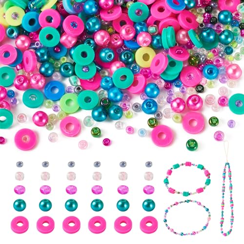 Fashewelry Set zur Herstellung von Armbändern, 6 mm, Polymer-Ton-Perlen, Kunstperlen und kleine Rocailles-Perlen für die Schmuckherstellung für Mädchen, adrette rosarote Farbe von FASHEWELRY