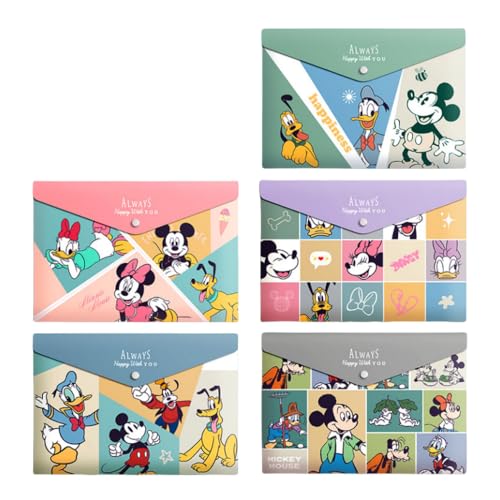 FASHION YO 5 Kunststoffhüllen A4, 5 verschiedene Designs, Kunststoff-Ordner mit Druckknopfverschluss, leichte Brieftaschen für Dokumente, Büro, Schule, Organisation für Kinder und Erwachsene (Mickey) von FASHION YO