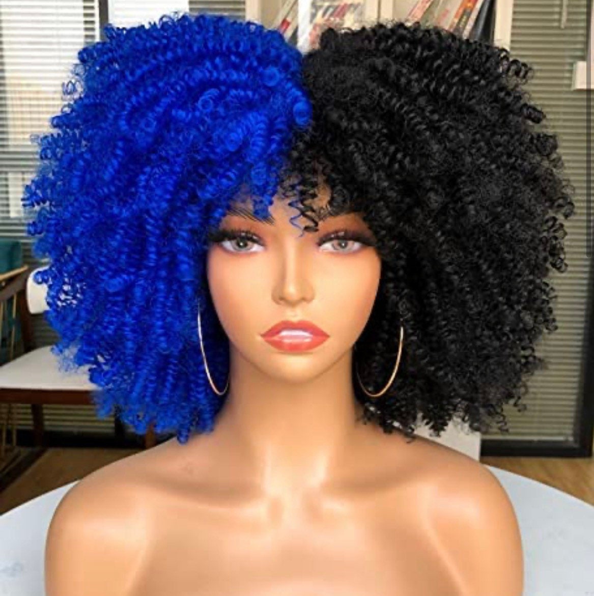 Schwarz & Blau Split Dye 14" Curly Bang Fro Natural Girl Wig von FASHIONDEITY
