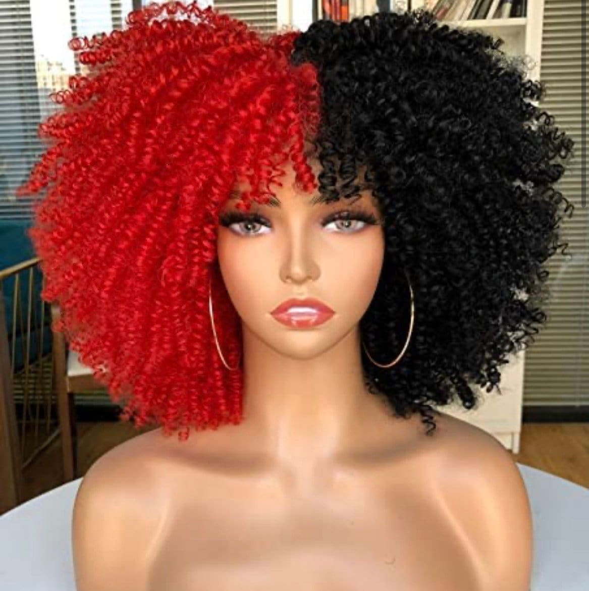 Schwarz & Rot Split Dye 14" Curly Bang Fro Natural Girl Wig von FASHIONDEITY