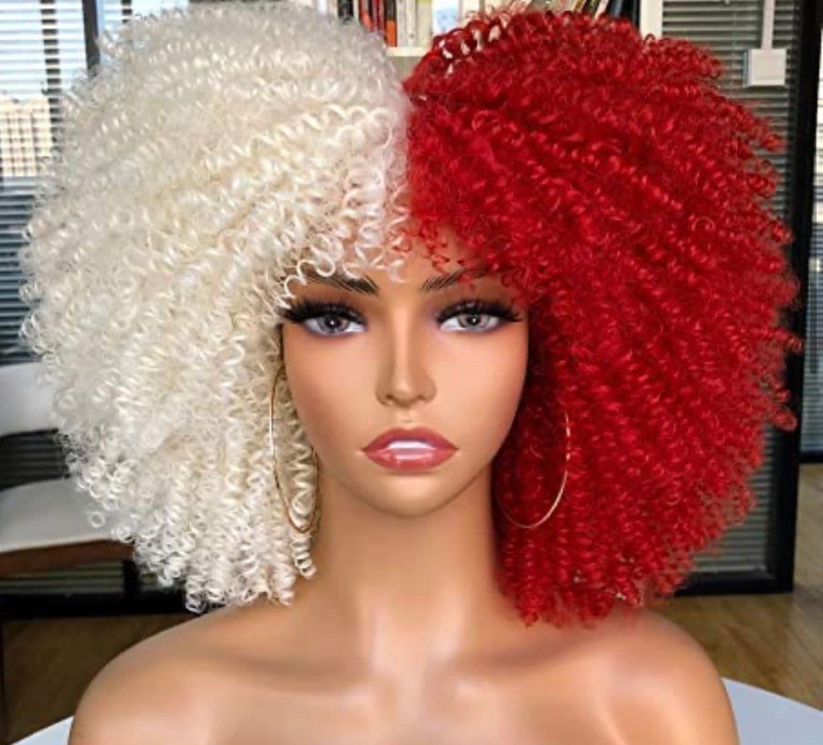 Weiß Blond & Rot Split Dye 14" Curly Bang Fro Natural Girl Wig von FASHIONDEITY
