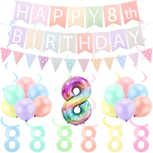 FASOTY 8. Geburtstag Dekorationen für Mädchen Pastell Macaron Nummer 8 Ballon vorbespannt Pastell Happy 8th Birthday Banner und Tringle Flag 8 Jahre alte Mädchen Party Dekorationen Supplies von FASOTY