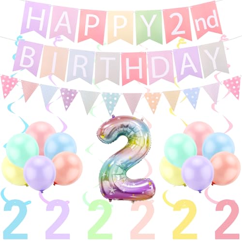 FASOTY Dekoration zum 2. Geburtstag für Mädchen, 101,6 cm, Regenbogen-Farbverlauf, Zahl 2, vorbespannt, pastellfarben, Happy 2nd Birthday-Banner und Dreifach-Flagge FASOTY Dekoration zum 2. Geburtstag für Mädchen, 101,6 cm, Regenbogen-Farbverlauf, Zahl 2, vorbespannt, pastellfarben, Happy 2nd Birthday-Banner und Dreifach-Flagge von FASOTY