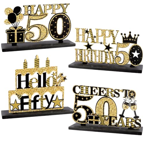 FASOTY Tischdekorationen zum 50. Geburtstag, 4 Stück, Schwarz / Gold, Holz-Tischaufsätze, Dekoration für 50 Jahre alte Männer und Frauen, Geburtstagsparty FASOTY Tischdekorationen zum 50. Geburtstag, 4 Stück, Schwarz / Gold, Holz-Tischaufsätze, Dekoration für 50 Jahre alte Männer und Frauen, Geburtstagsparty von FASOTY