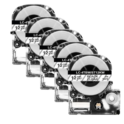 2/5pk SS12KW Schwarz auf weißem 12-mm-kompatibles Etikettband Kompatibel mit LW-300 LW-400-Etikettdrucker funktioniert mit ST12KW SC12RW SC12YW(5PK Black on Clear) von FASURDVA