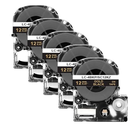 2/5pk SS12KW Schwarz auf weißem 12-mm-kompatibles Etikettband Kompatibel mit LW-300 LW-400-Etikettdrucker funktioniert mit ST12KW SC12RW SC12YW(5PK Gold on Black) von FASURDVA