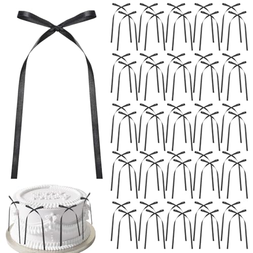 50 Stück Schwarze Schleifen Cake Topper, FAURAPMNG Satinband für Kuchen, Cupcakes, Tütchen, DIY, Hochzeit, Baby Party, Vintage Coquette Deko von FAURAPMNG