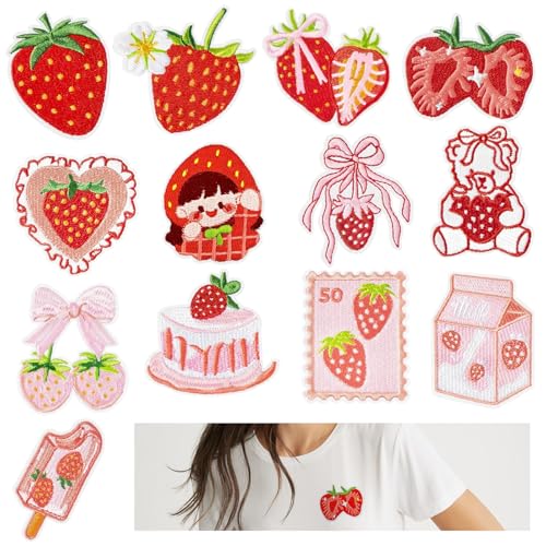 FAURAPMNG 13Stück Erdbeer-Aufnäher zum Aufbügeln, bestickter Aufnäher, süße Erdbeer-Frucht-Applikation, rosa Schleife, Kuchen-Aufnäher für Kleidung, T-Shirts, Taschen, Jacken, Jeans, Hüte, DIY-Zubehör von FAURAPMNG