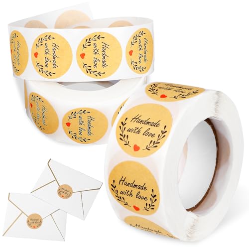 FAVOMOTO 2pcs Herz Kraftpapier-Sticker Etiketten - Selbstgemacht mit Liebe Aufkleber Label Handgemachte Aufkleber Label für Backen Geschenktüten Hochzeit Weihnachten Aufkleber auf Rolle 500 S von FAVOMOTO