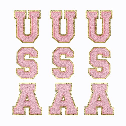 FAZHBARY 5,5 cm 9 Stück rosa USA-Flicken patriotische Flicken Glitzer Chenille Buchstaben bestickt zum Aufbügeln für dekorative Kleidung von FAZHBARY