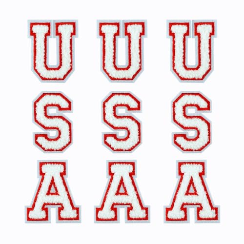 FAZHBARY 5,5 cm 9 Stück weiß rot USA Patches Patriotische Patches Chenille Buchstaben bestickt zum Aufbügeln für dekorative Kleidung von FAZHBARY