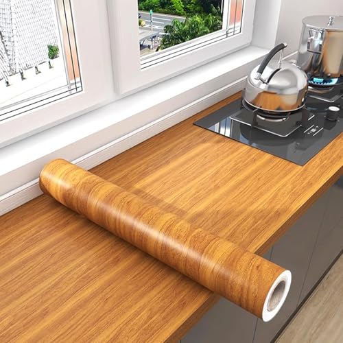 FBANULPEX Holzmaserungs-Bodenband, Selbstklebende Tapete Selbstklebende Holzmaserungsfolie for Möbel, wasserfeste Schutzklebefolie for Esstisch, Arbeitsplatte & Wand(Teak,90x500cm(WxL)) von FBANULPEX