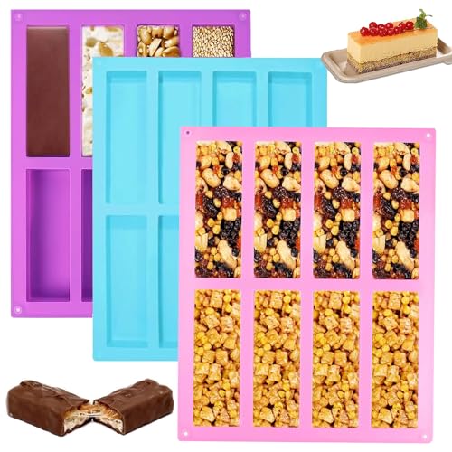 3 Stück Riegelform Silikon, Antihaft Silikonform Rechteckig, 8 Mulden Müsliriegel Form Silikon, Müsliriegel Form, für Muffin, Brownie, Pudding, Cornbrot, Kuchen und Seife (Lila, Blau, Rosa) von FBDSUFH