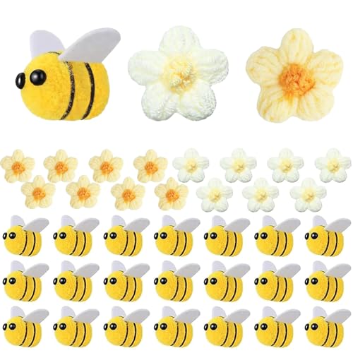 FCSNJH 42 Stück, 30 Stück Bienen Deko, mit 6 Weiße Häkelblumen und 6 Gelb Häkelblumen, Biene Deko, Deko Bienen, Entzückende Filzbienen, Für Handwerk Diy Dekoration, Kleidung Dekorationen von FCSNJH