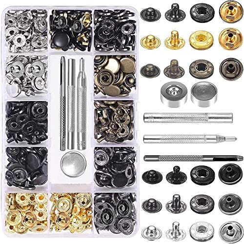 Wenrou 132 Sets Metall Druckknopf Set, Kupfer, Leder Druckknöpfe, Bronze, 6 Farben, Mit Fixierwerkzeug Kit Für Leder Handwerk Jacke Brieftasche Handtasche, 12.5 mm von Wenrou