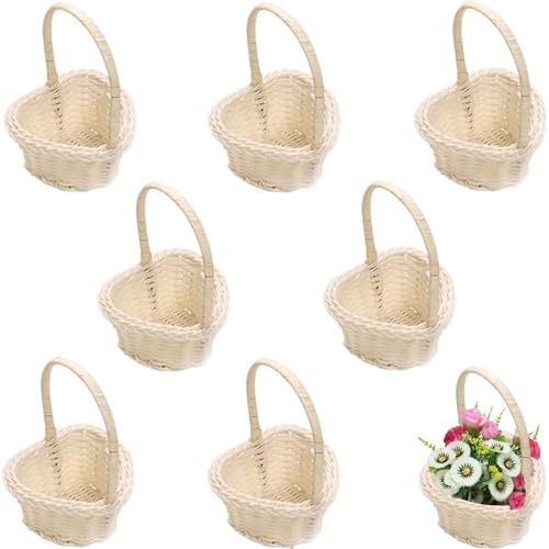 8 Stück Blumenmädchen Korb, Blumenkörbchen Hochzeit, Körbchen Blumenkinder, Herzform, Rattan, Mit Tragegriff, für Hochzeit, Tischdeko, Zeremonie Party, Erfüllen Dekoration Und Lagerung Braucht, Weiß von FDDU