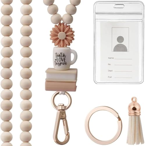 FDEETY Eleganter Blumen-Anhänger Schlüsselanhänger und Kartenhalter aus Holzperlen für Büro und Schule langlebiger Ausweishalter mit dekorativem Tassel Set aus 3 Teilen(A) von FDEETY