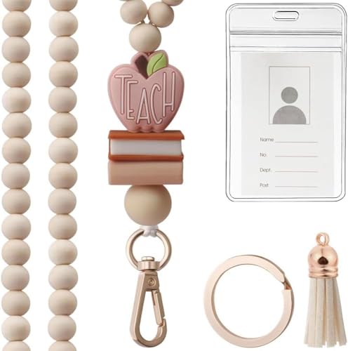 FDEETY Holzperlen Ausweisband Blume Tasse Anhänger Lanyard Schlüsselband Kartenhalter Ausweishülle Schlüsselanhänger von FDEETY