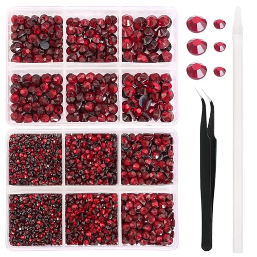 FDHBDF 6600 Stück Heiße ROT Hotfix-Strasssteine, Kristall-Edelsteine, Glas für Trinkgläser, Kleidung, Hemden, Glitzer, Flache Rückseite, rund, mit Pinzette und Picking-Stift von FDHBDF