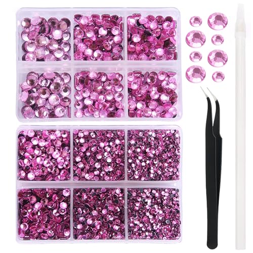 FDHBDF 6600 Stück heiße PINK Hotfix-Strasssteine, Kristall-Edelsteine, Glas für Trinkgläser, Kleidung, Hemden, Glitzer, Flache Rückseite, rund, mit Pinzette und Picking-Stift von FDHBDF