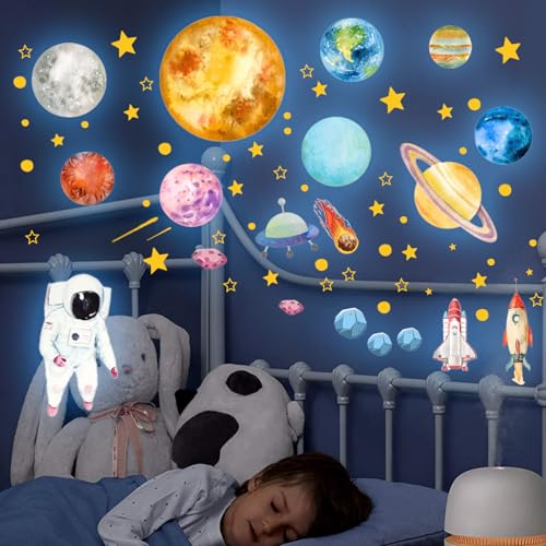 FDHBDF Leuchtaufkleber,Fluoreszierende Sterne Wandaufkleber, 9 Planeten Astronauten Rakete Mond leuchtende Wandaufkleber, Reisen im Weltraum Thema dekorative Aufkleber für Kinderzimmer, Schlafzimmer von FDHBDF